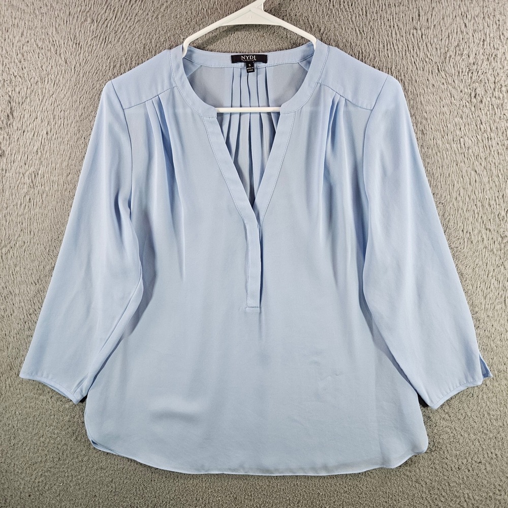 NYDJ Womens Light Blue Pleated Split Neck 3/4 Sleeve Blouse‎ Small